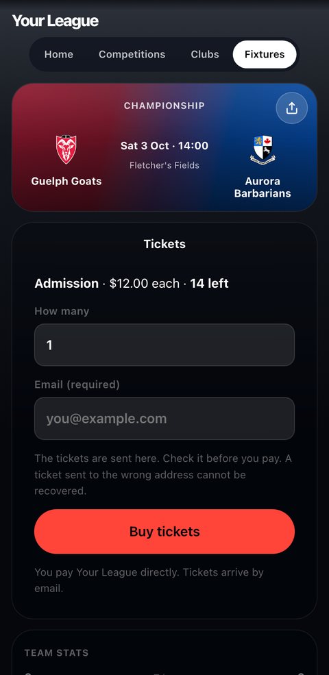 A league website's match page on a phone with a Tickets box: the price, how many, an email and a Buy button.